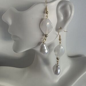 Hand Crafted Gold-Tone Earrings with Clear Beads and Pearlescent Drops